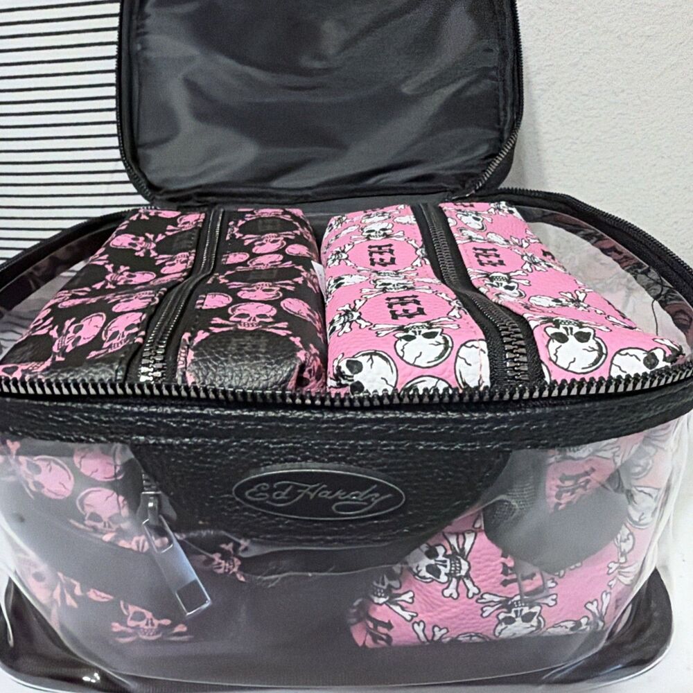 Ed Hardy 3-Pc Cosmetic Bag Set Clear Train Case Pink Black Skulls NWT Travel